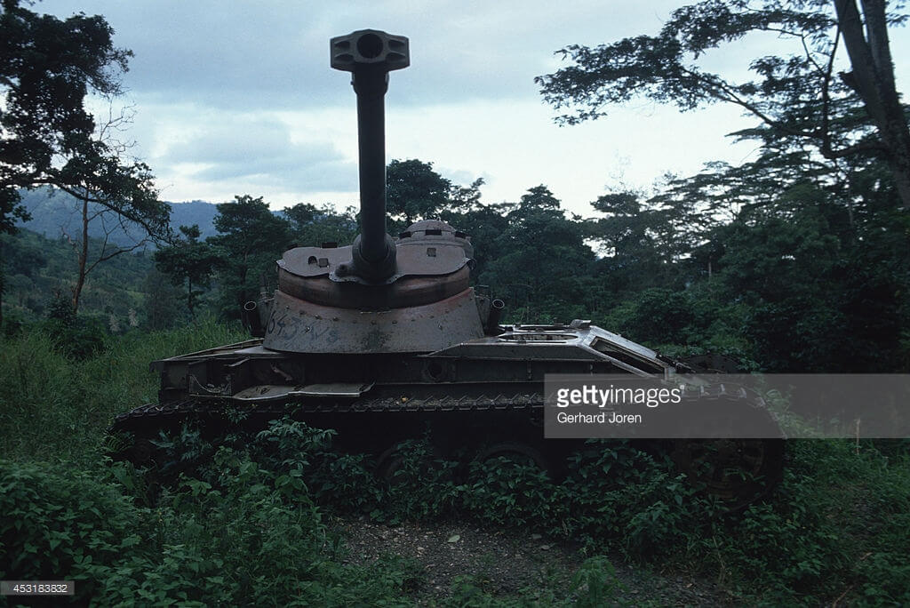SAME, EAST TIMOR - 1990/02/01: A burned-out Indonesian tank near Same, 110 km south of the capital Dili. (Photo by Gerhard Joren/LightRocket via Getty Images)