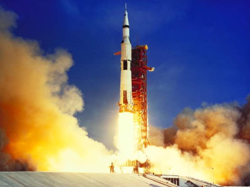 Apollo 11/Saturn V launches from Pad 39A, Kennedy Space Center, Cape Canaveral, Florida, at 13:32:00 UTC, 16 July 1969. Destination: Mare Tranquillitatis, The Moon.